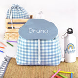 Pack Mochila y Bolsita Vichy Celeste personalizado