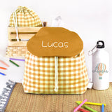 Pack Mochila y Bolsita Vichy Mostaza personalizado
