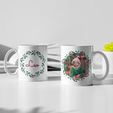 Taza Navidad personalizada con foto y nombre Corona acebo
