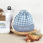 Pack Mochila y Bolsita Vichy Celeste personalizado