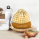 Pack Mochila y Bolsita Vichy Mostaza personalizado