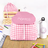 Pack Mochila y Bolsita Vichy Rosa personalizado