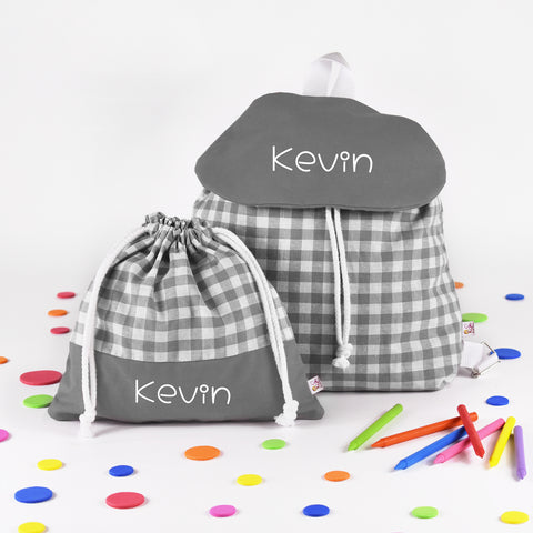 Pack Mochila y Bolsita Vichy Gris personalizado