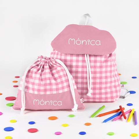 Pack Mochila y Bolsita Vichy Rosa personalizado