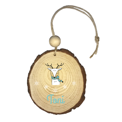 Bola tronco madera Navidad personalizada. Modelo Ciervo