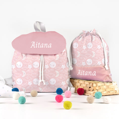Pack Mochila solapa y Bolsita Lunas Rosas personalizado